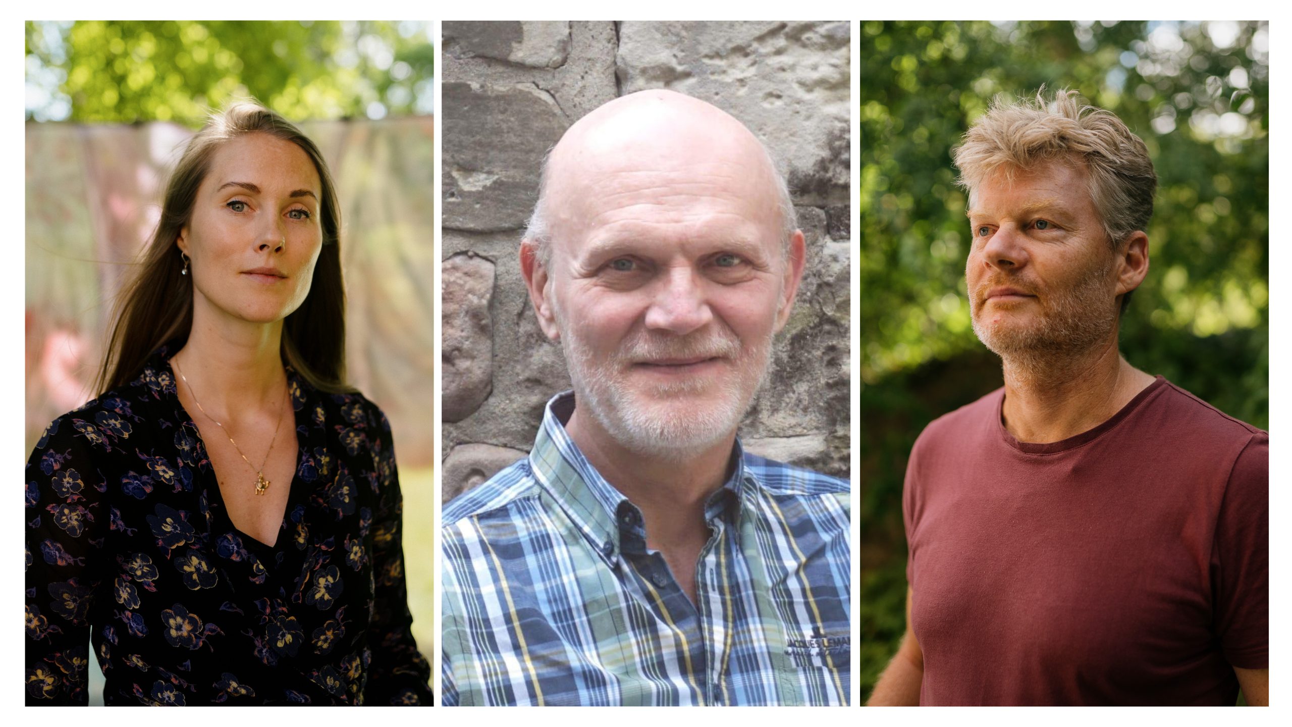 Three people in separate photos. The first is a woman with long hair wearing a floral blouse. The second is an older man with a beard, wearing a plaid shirt and standing against a stone wall. The third is a man with short hair, wearing a maroon shirt, standing outdoors with greenery in the background.
